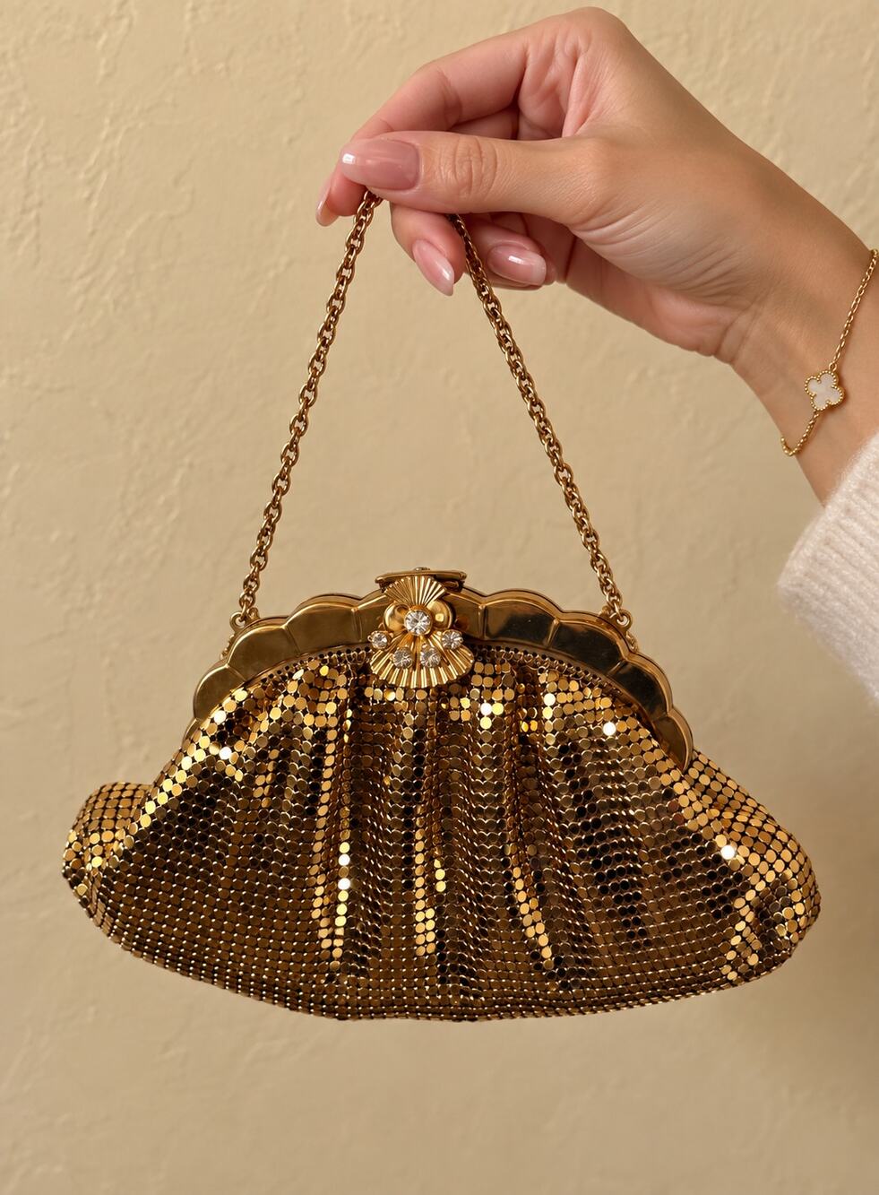 Vintage 1950s Duramesh Gold Mesh Evening Bag Rhinestone Fan Clasp